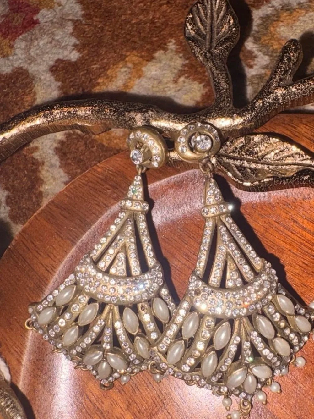 Elegant Gold-Tone Pearl & Crystal Chandelier Earrings